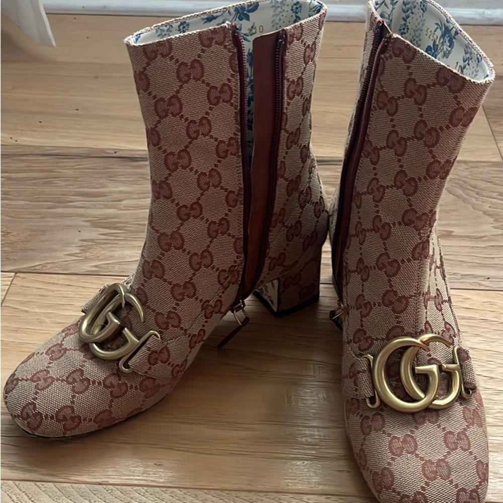 Gucci Women's Beige and Brown Monogram Heeled Boots